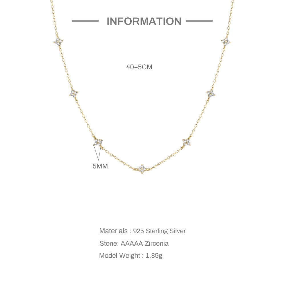 925 Silver Sterling 4 Star Flower Shiny Crystal Drop Necklace choker