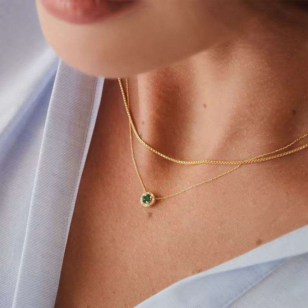 925 Silver Sterling 18K Gold Plated Green zirconia Necklace