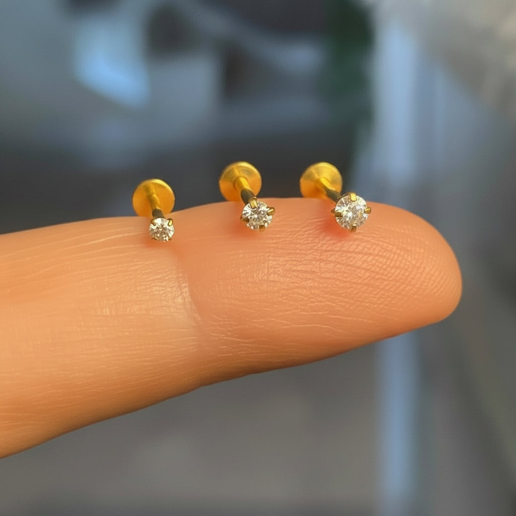 3-Piece Flat Back Zircon Stud Earrings Set – Round CZ, 2mm/2.5mm/3mm with 8mm & Extra 6mm Bars ( stainless steel)