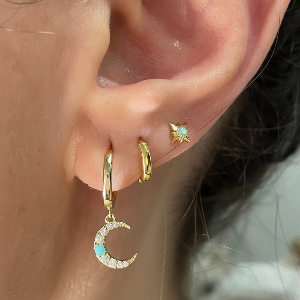925 sterling silver opal set 3pcs moon/hoop/stud