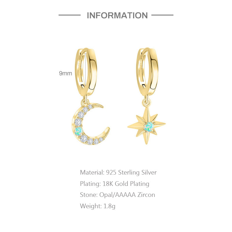 925 Sterling Silver Star Moon Hoop ( 2 pcs one star one moon )
