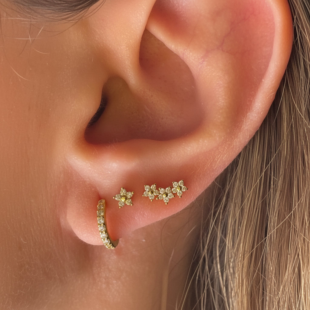 925 Sterling Silver unusual petal stud earrings Circle for women 3Pcs Piercing earrings