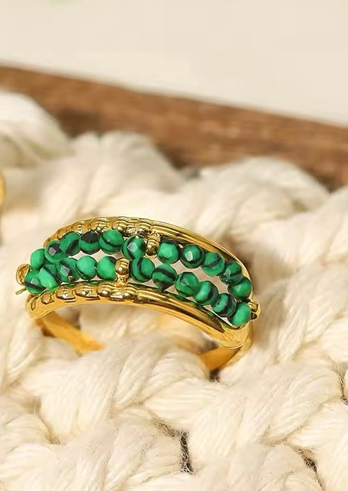 Luxury Malachite green Natural Stone Beads Stainless Steel waterproof Open Rings for Women Vintage