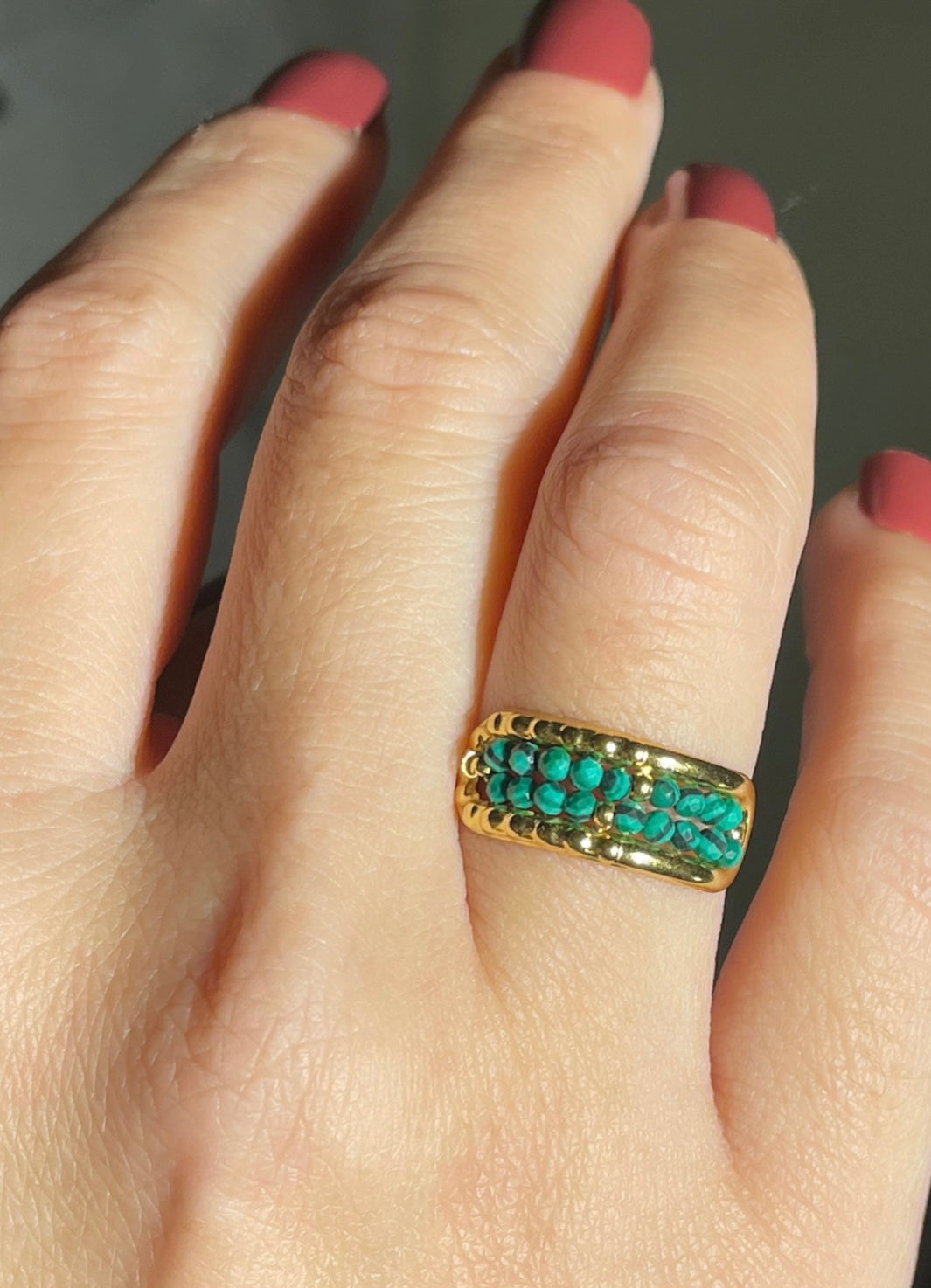 Luxury Malachite green Natural Stone Beads Stainless Steel waterproof Open Rings for Women Vintage