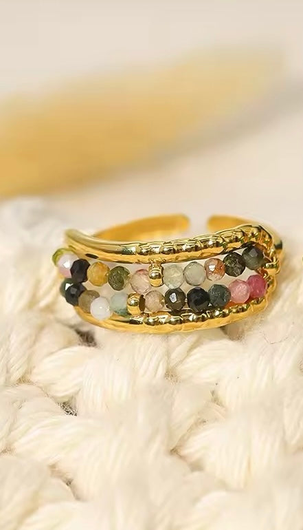 Luxury Natural Stone tourmaline Beads Stainless Steel waterproof Open Rings for Women Vintage