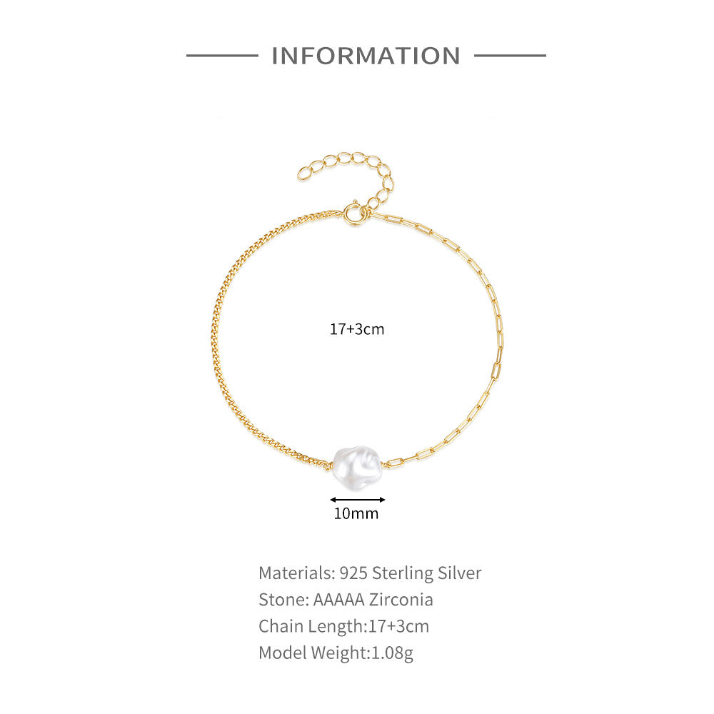 925 Sterling Silver 10mm irregular Pearl Bracelet (17cm)