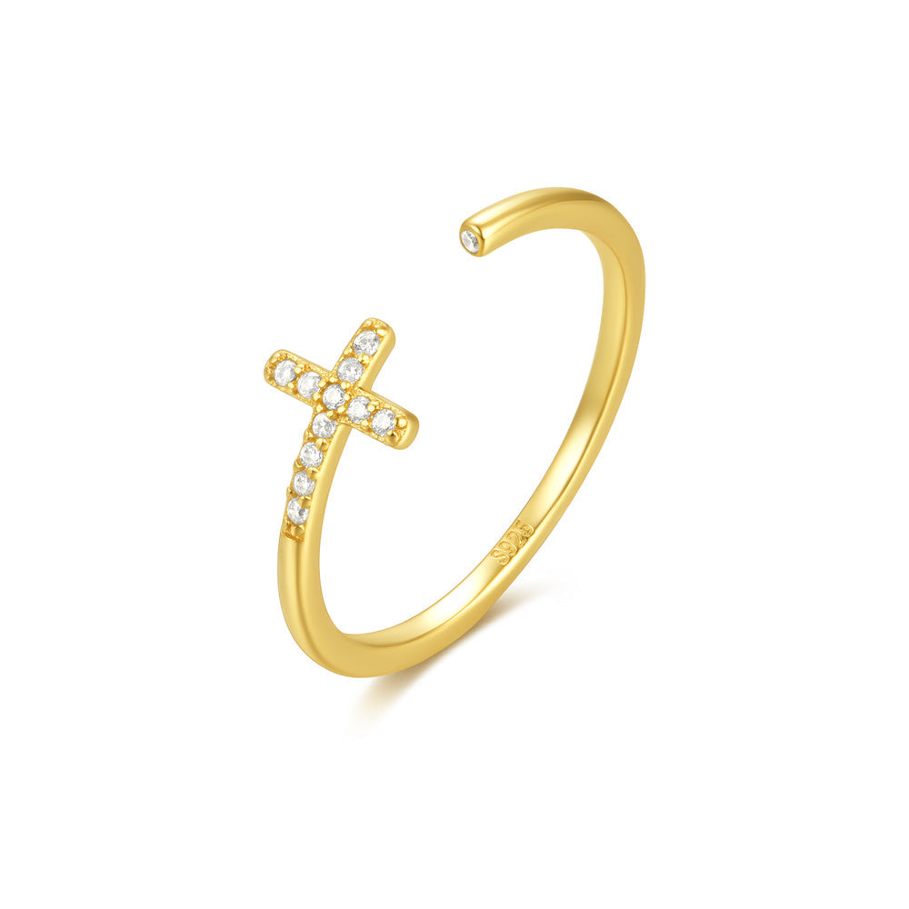 925 Sterling Silver Cross Design Row Zircon Ring Adjustable