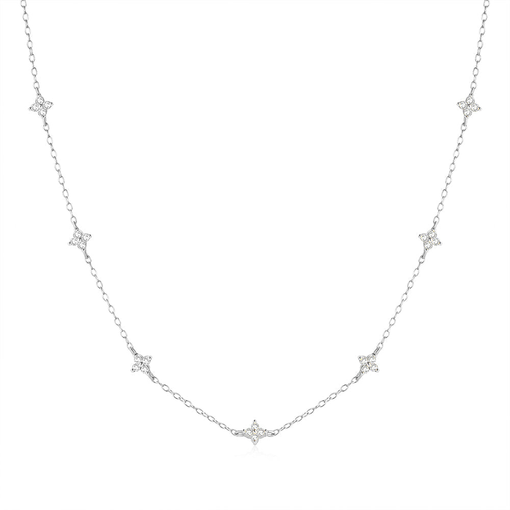 925 Silver Sterling 4 Star Flower Shiny Crystal Drop Necklace choker