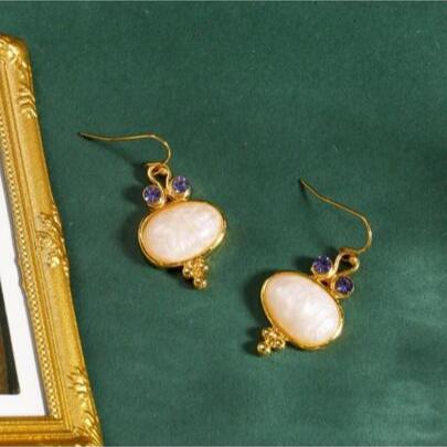 1Pair Luxury Boho Jewelry Vintage Oval Stone Purple Cubic Zirconia Earrings