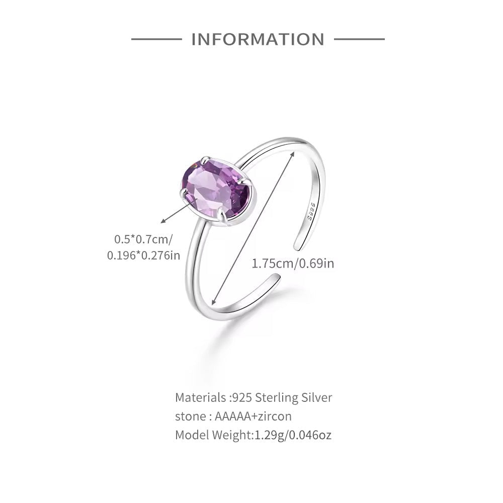 925 Sterling Silver Simple Geometric Purple Colored Zircon Ring  Adjustable
