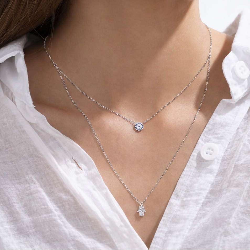 925 Sterling Silver Double Layer demon eye Pendant Necklaces