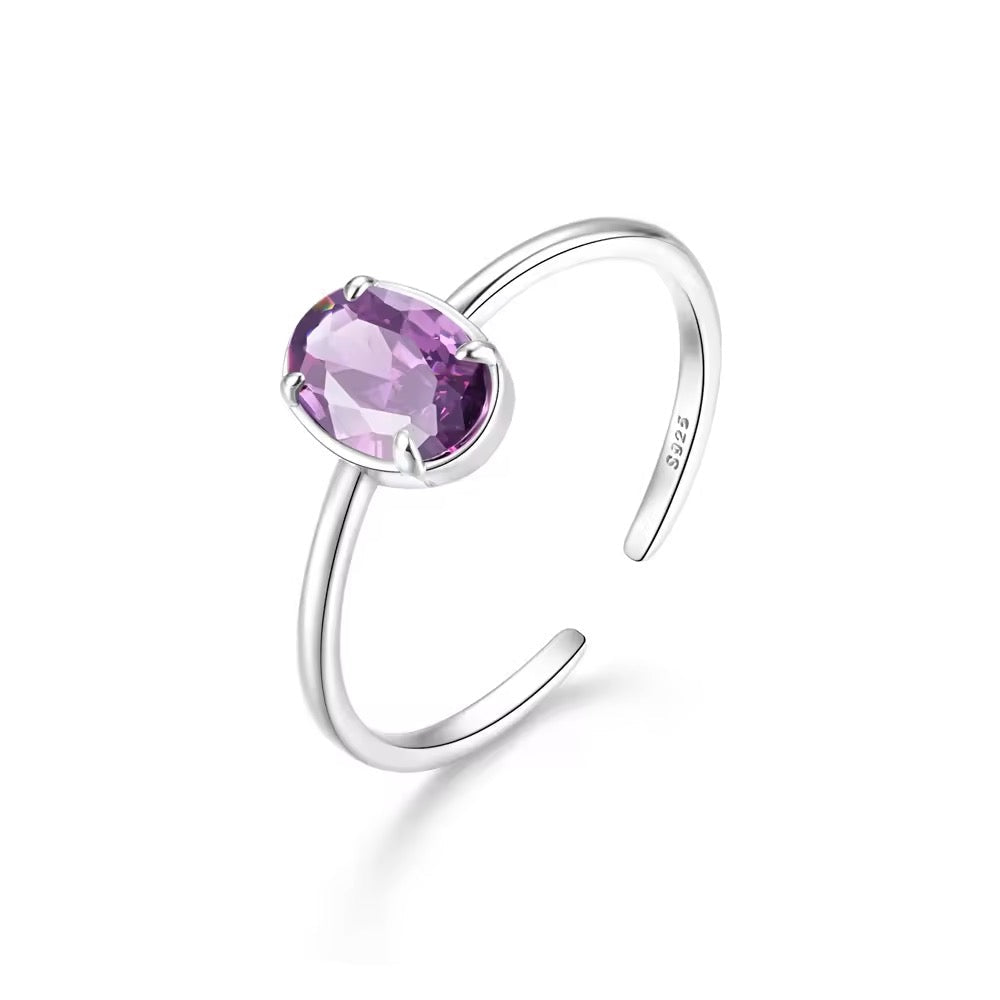 925 Sterling Silver Simple Geometric Purple Colored Zircon Ring  Adjustable
