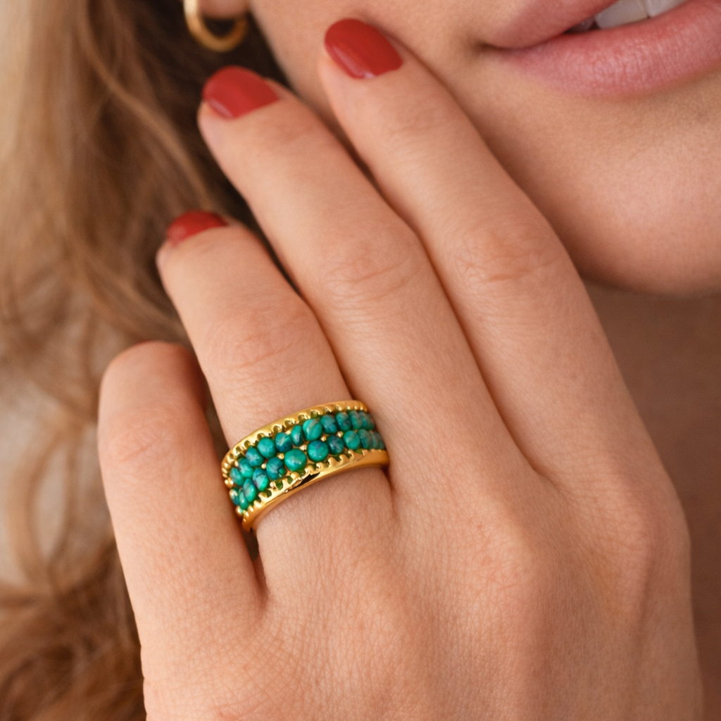 Luxury Malachite green Natural Stone Beads Stainless Steel waterproof Open Rings for Women Vintage