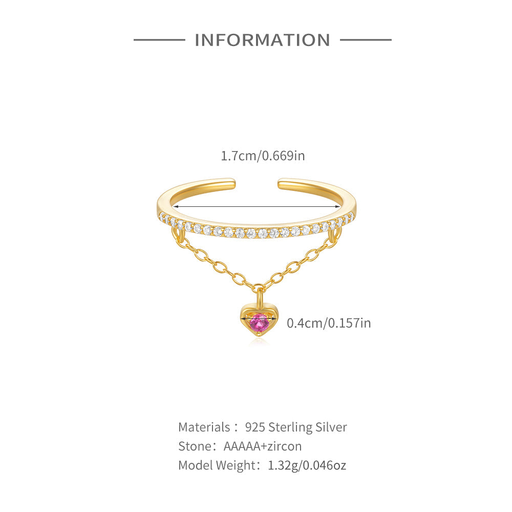 925 Sterling Silver INS Trend Purple Heart Zircon Tassel Ring Resizable