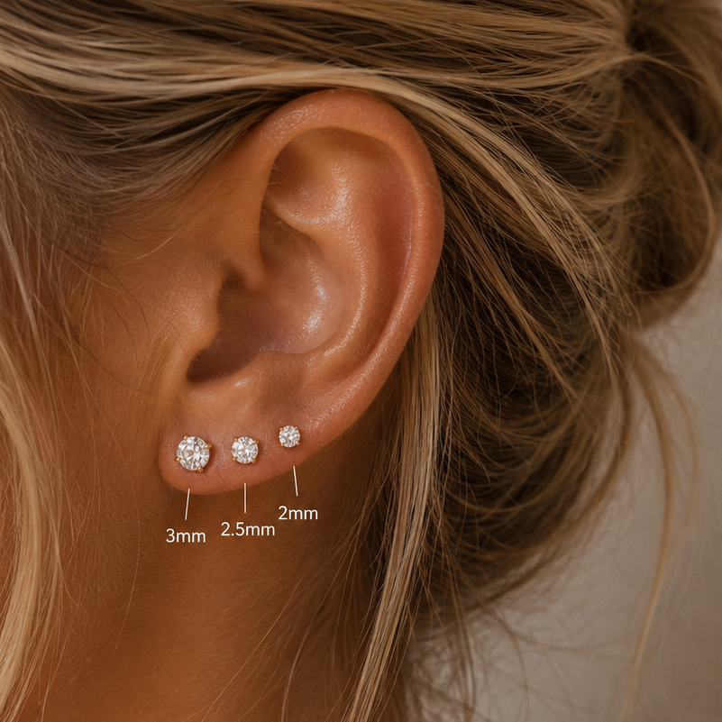 3-Piece Flat Back Zircon Stud Earrings Set – Round CZ, 2mm/2.5mm/3mm with 8mm & Extra 6mm Bars ( stainless steel)