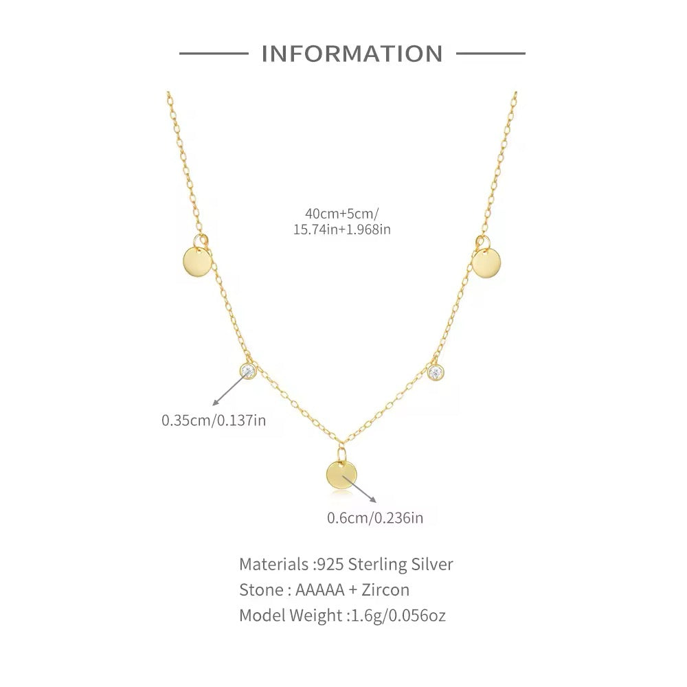 925 Sterling Silver coins Simple Round Zircon Pendant Necklace For Women