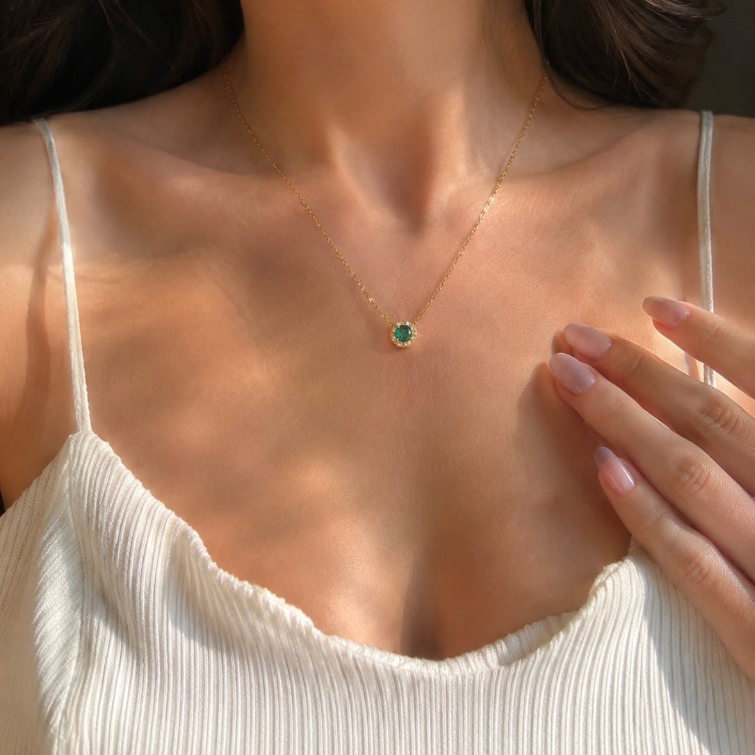 925 Silver Sterling 18K Gold Plated Green zirconia Necklace
