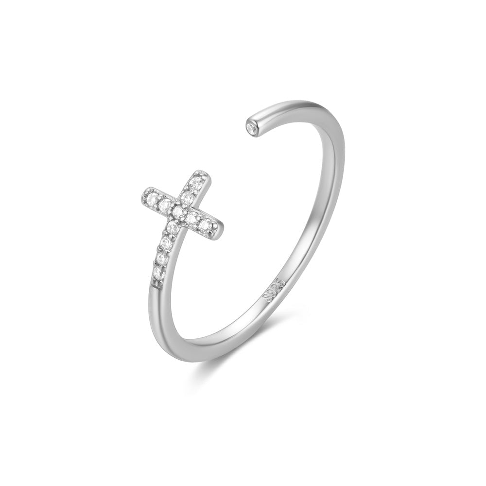 925 Sterling Silver Cross Design Row Zircon Ring Adjustable