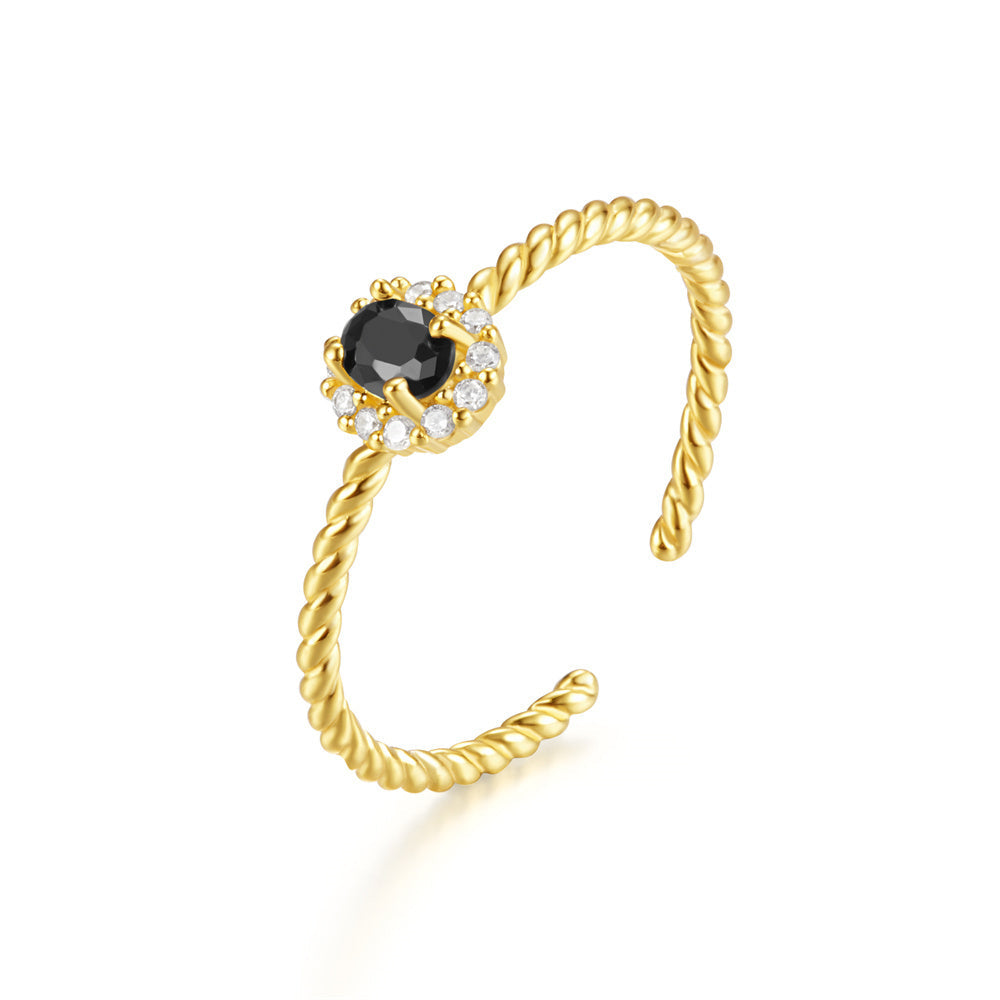 925 Sterling Silver Simple Geometric Black Zircon Ring  Adjustable