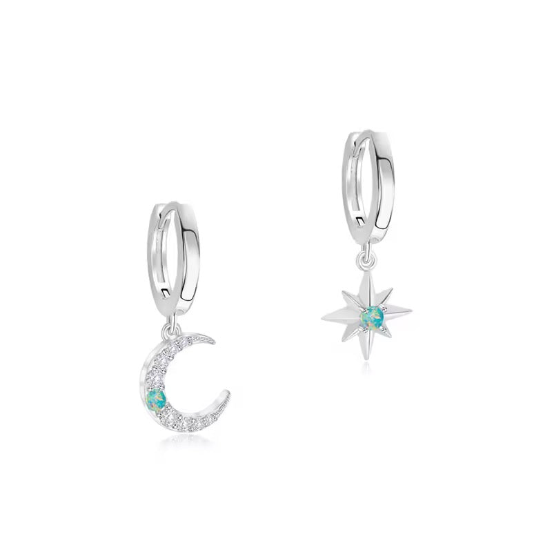 925 Sterling Silver Star Moon Hoop ( 2 pcs one star one moon )