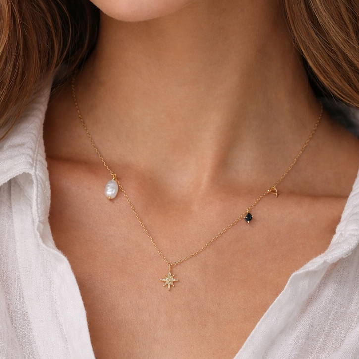 925 Sterling Silver Eight-pointed Star pearl Necklace
