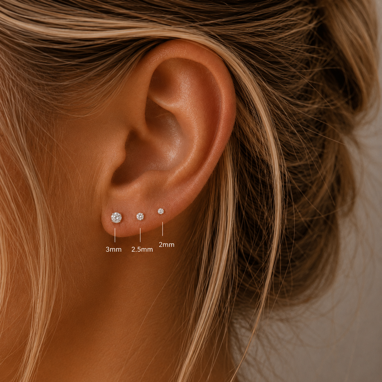 3-Piece Flat Back Zircon Stud Earrings Set – Round CZ, 2mm/2.5mm/3mm with 8mm & Extra 6mm Bars ( stainless steel)