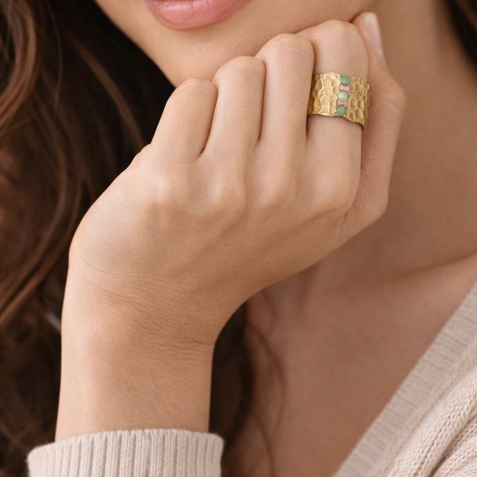 Opening Finger Rings Jewelry for Women Stainless Steel Handmade Stone Green Adjustable Ring