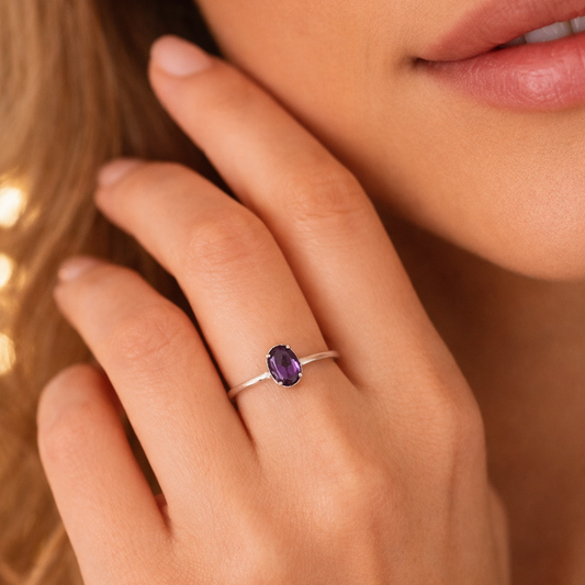 925 Sterling Silver Simple Geometric Purple Colored Zircon Ring  Adjustable