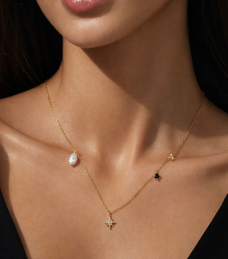 925 Sterling Silver Eight-pointed Star pearl Necklace