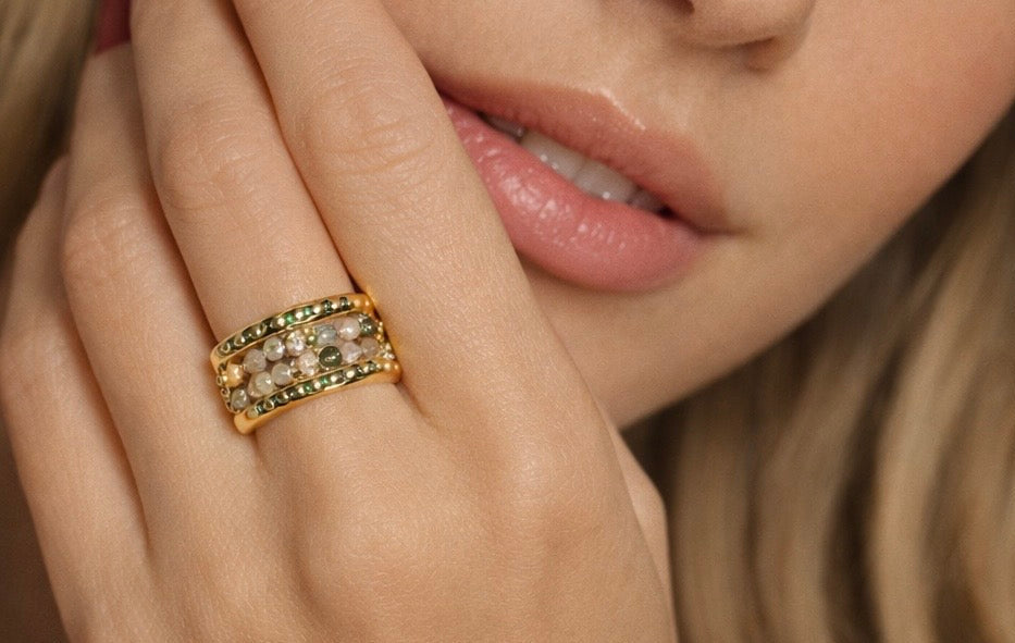Luxury Natural Stone tourmaline Beads Stainless Steel waterproof Open Rings for Women Vintage