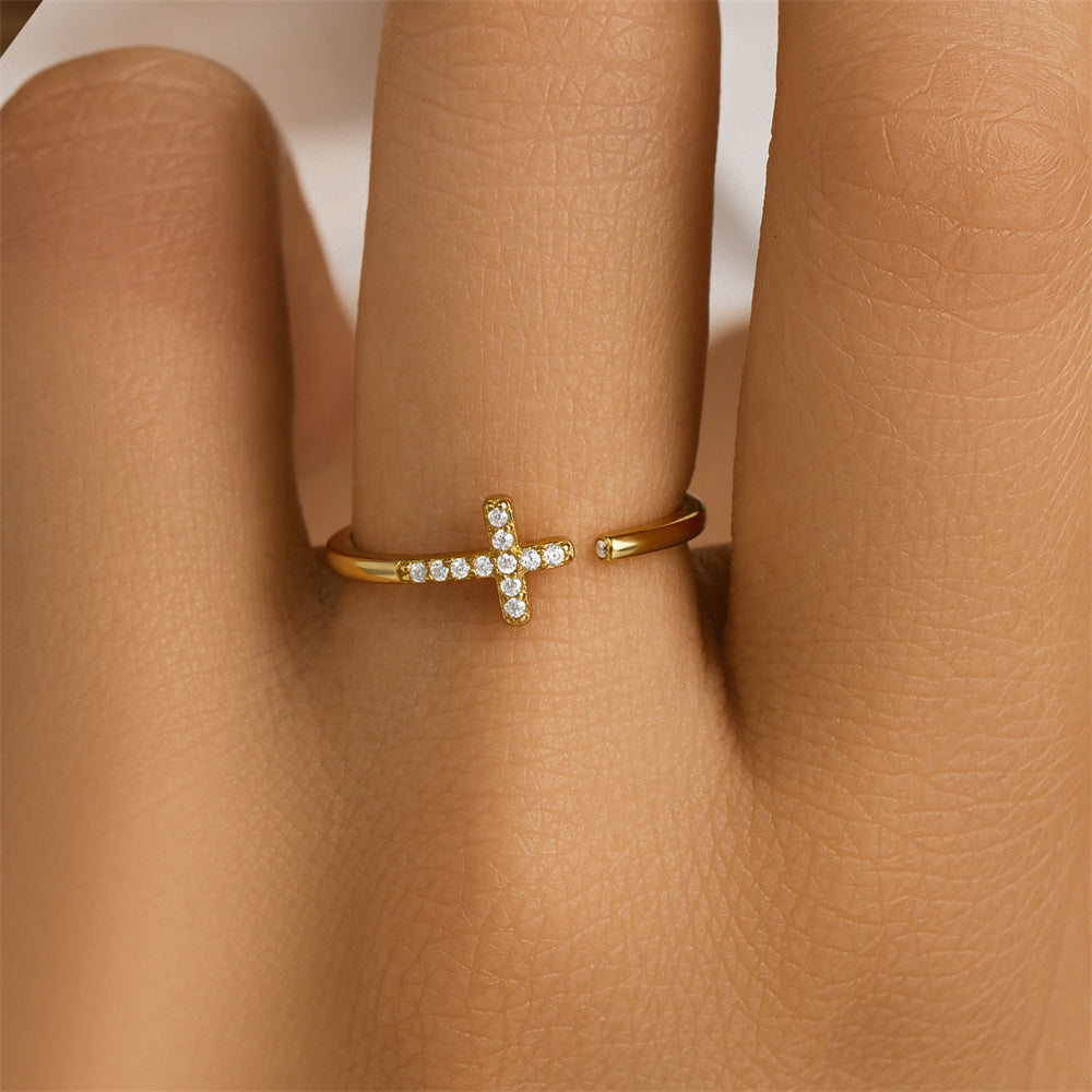 925 Sterling Silver Cross Design Row Zircon Ring Adjustable