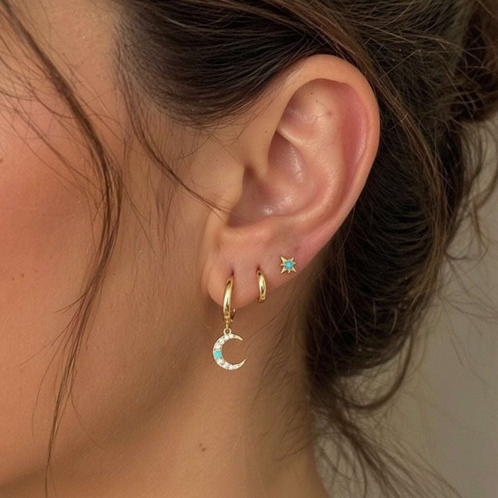 925 sterling silver opal set 3pcs moon/hoop/stud