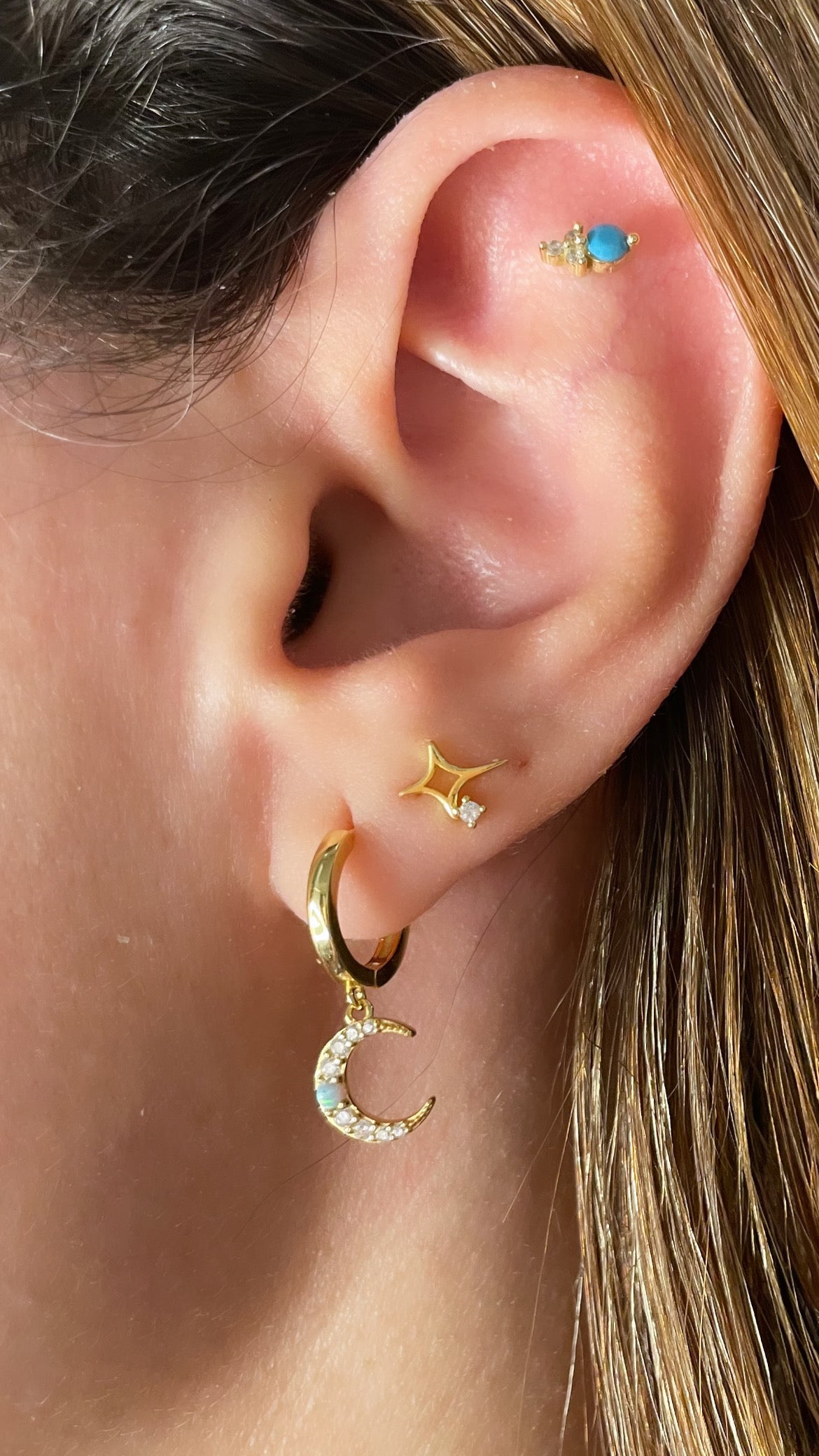 Set of Two 925 Silver ( Moon, 4 pointed Star ) earring