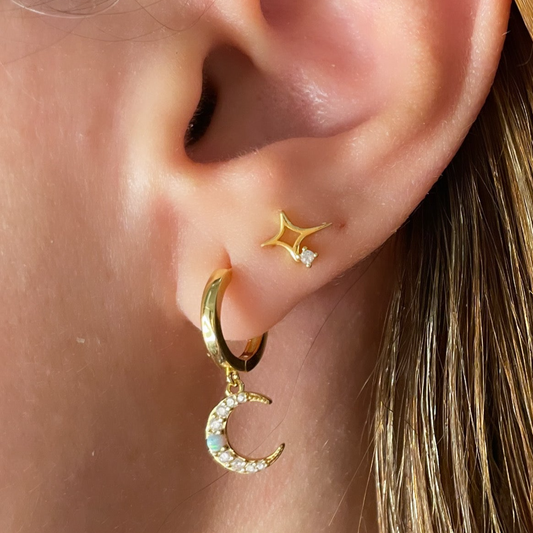 Set of Two 925 Silver ( Moon, 4 pointed Star ) earring