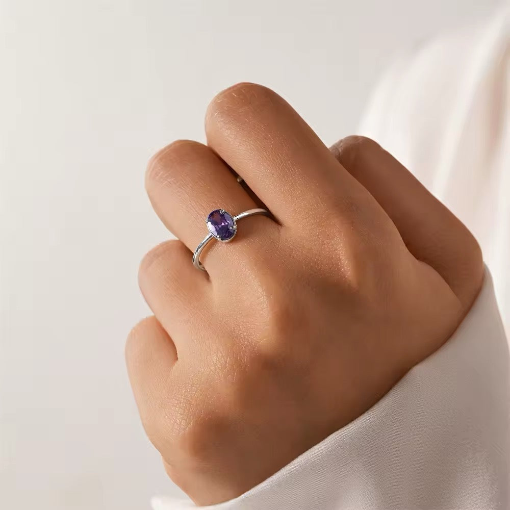 925 Sterling Silver Simple Geometric Purple Colored Zircon Ring  Adjustable