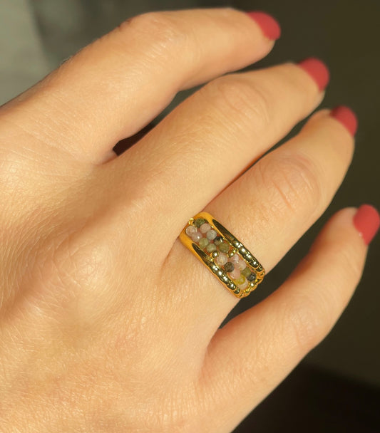 Luxury Natural Stone tourmaline Beads Stainless Steel waterproof Open Rings for Women Vintage