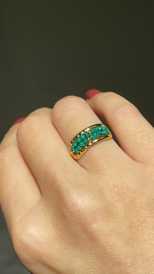 Luxury Malachite green Natural Stone Beads Stainless Steel waterproof Open Rings for Women Vintage