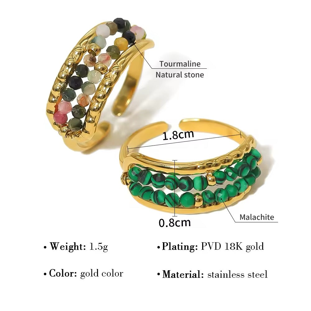 Luxury Natural Stone tourmaline Beads Stainless Steel waterproof Open Rings for Women Vintage