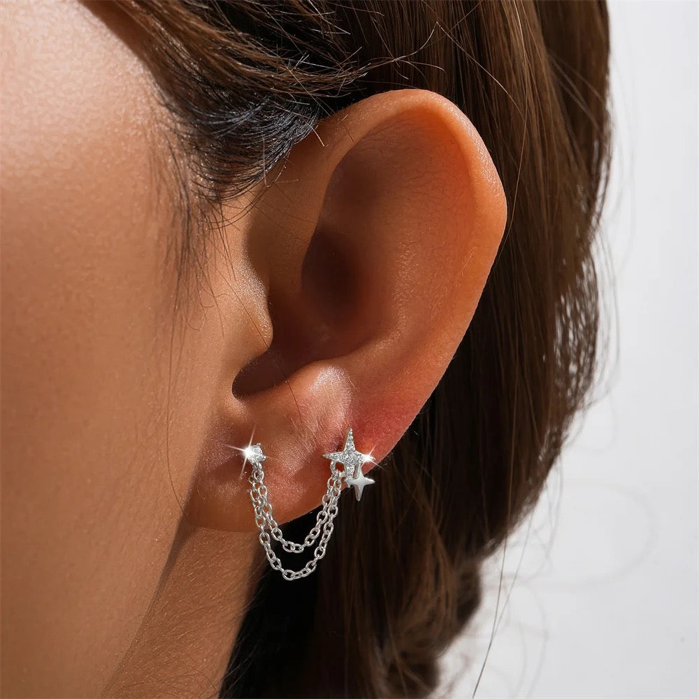 Double Star 925 Sterling Silver Earring ( one chain )