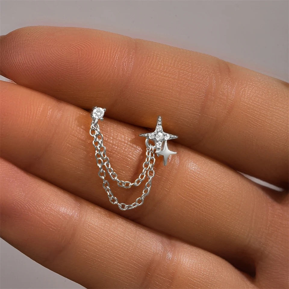 Double Star 925 Sterling Silver Earring ( one chain )