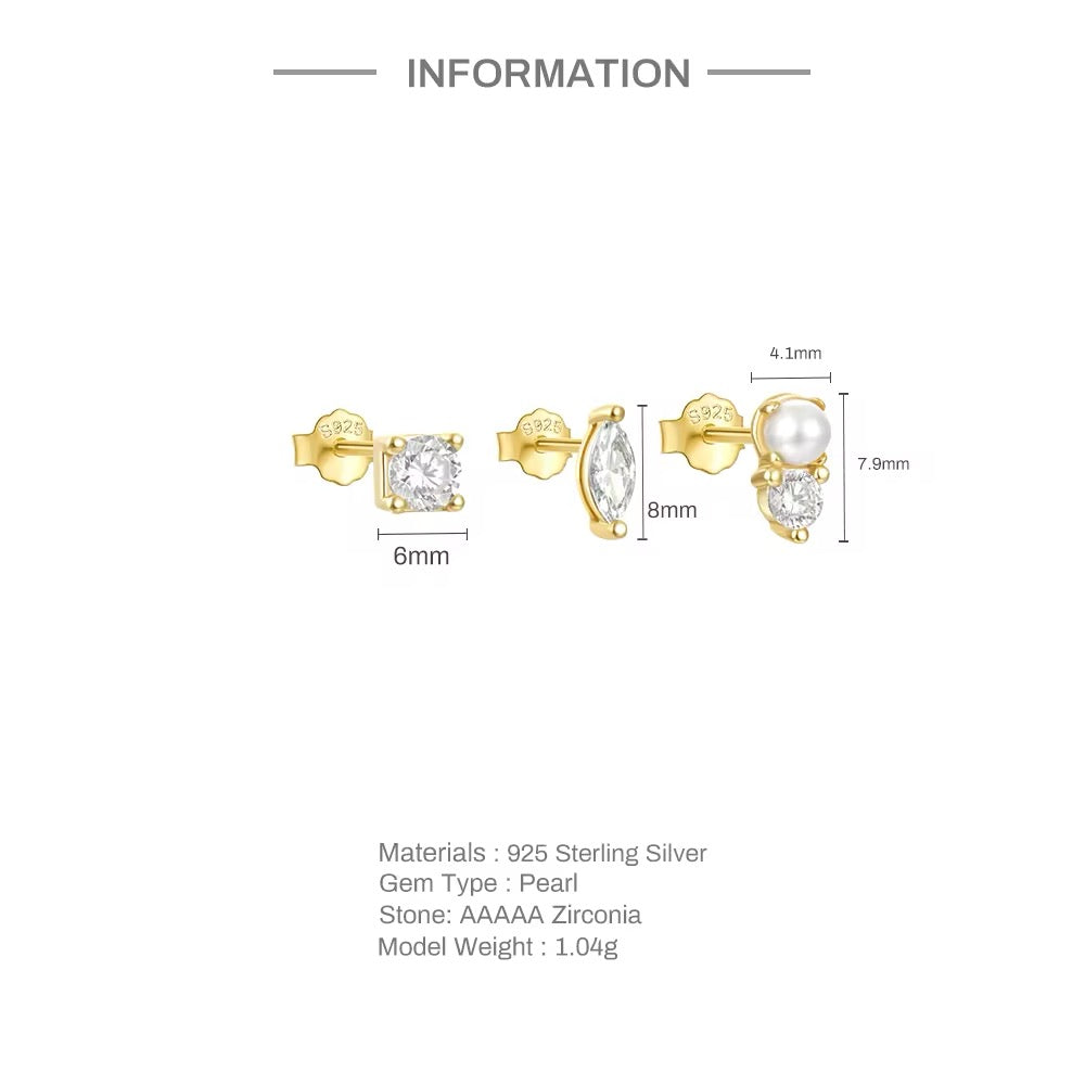 Set Of 3Pcs 925 Sterling Silver(Pearl,Marquise,Diamond)