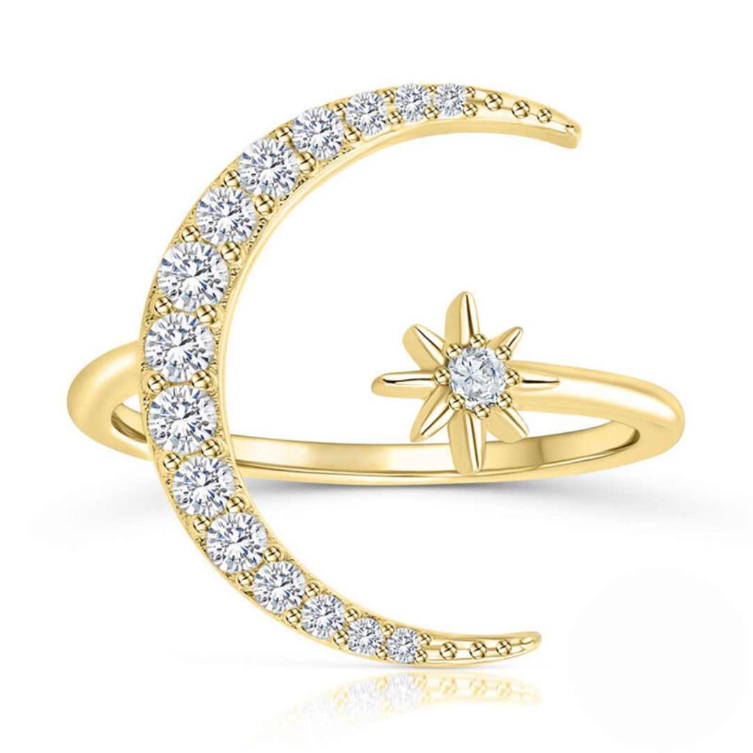 Real 925 Sterling Silver Star Embrace Moon Zircon Adjustable Rings