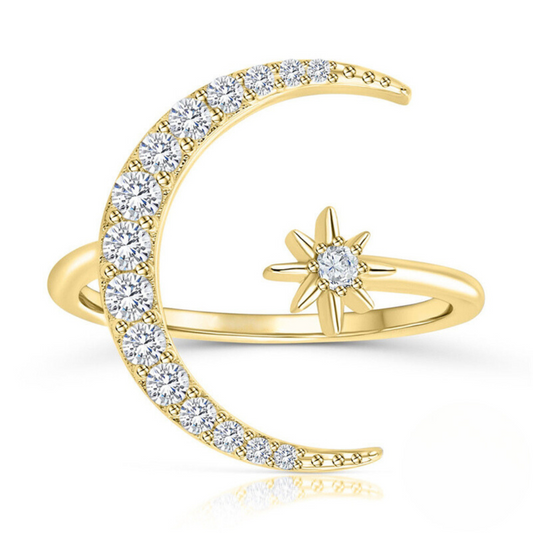 Real 925 Sterling Silver Star Embrace Moon Zircon Adjustable Rings
