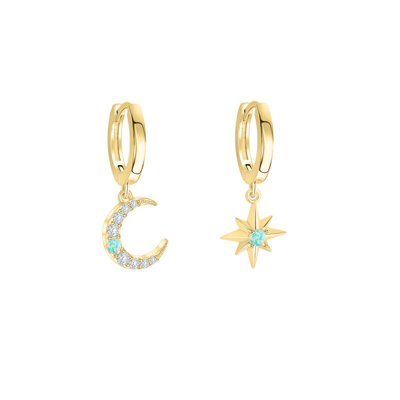 925 Sterling Silver Star Moon Hoop ( 2 pcs one star one moon )