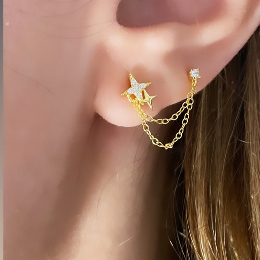 Double Star 925 Sterling Silver Earring ( one chain )